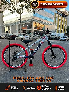 BICICLETA MTB FREERIDE ARO (26) VIKINGX TUFF-25 KIT 7 VELOCIDADES FREIO A DISCO MECÂNICO COR PRATA/AZUL/VERMELHO