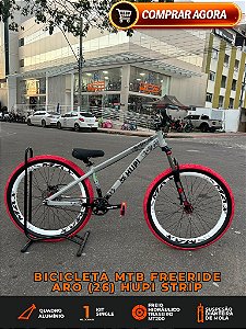 BICICLETA MTB FREERIDE ARO (26) HUPI STRIP KIT SINGLE (SEM MARCHA) FREIO DISC TRASEIRO SHIMANO MT200 COR CINZA/VERMELHO