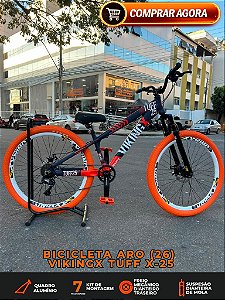 BICICLETA MTB FREERIDE ARO (26) VIKINGX TUFF-25 KIT 7 VELOCIDADES (1X7) FREIO A DISCO MECÂNICO COR ROXO/LARANJA