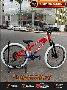 BICICLETA MTB FREERIDE ARO (26) VIKINGX TUFF-44 KIT 7 VELOCIDADES (1X7) FREIO A DISCO MECÂNICO COR VERMELHA/BRANCO
