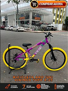 BICICLETA MTB FREERIDE ARO (26) VIKINGX TUFF-44 KIT 7 VELOCIDADES (1X7) FREIO A DISCO MECÂNICO COR ROXA/AMARELO