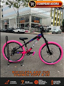 BICICLETA MTB FREERIDE ARO (26) VIKINGX TUFF-25 KIT 7 VELOCIDADES (1X7) FREIO A DISCO MECÂNICO COR PRETO/ROSA