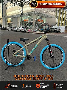 BICICLETA MTB FREERIDE ARO (26) VIKINGX TUFF-38KIT SINGLE (SEM MARCHA) FREIO DISC TRASEIRO SHIMANO MT200 COR OLIVA/AZUL