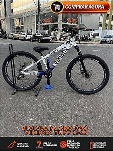 BICICLETA MTB FREERIDE ARO (26) VIKINGX TUFF-44 KIT 7 VELOCIDADES (1X7) FREIO A DISCO MECÂNICO COR BRANCO/AZUL