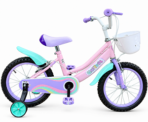BICICLETA ARO (16) FEMININA CANDY POP COR ROSA/LILAS/BRANCO FREIO V-BRAKE SEM MARCHA COM CESTINHA UNITOYS