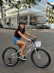 BICICLETA ARO (24) FEMININA CALOI CECI 18 VELOCIDADES FREIO V-BRAKE COM CESTA COR CINZA CLARO