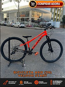 BICICLETA MTB ARO (29) VELOOH START 8 VELOCIDADES (1X8) FREIO A DISCO HIDRÁULICO TAMANHO 13 (PP) COR LARANJA NEON/PRETO
