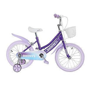 BICICLETA INFANTIL ARO 16 FEMININA UNICÓRNIO COM GLITTER LILÁS, CESTINHA E RODINHAS UNITOYS