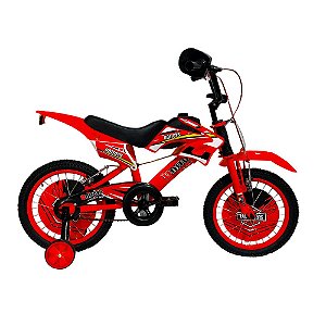 BICICLETA INFANTIL ARO 16 MASCULINA MOTO CROSS VERMELHA COM RODINHAS UNITOYS