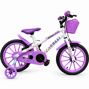 BICICLETA ARO (16) FEMININA COLLI AURORA SEM MARCHA FREIO V-BRAKE COM CESTA COR BRANCO/LILAS