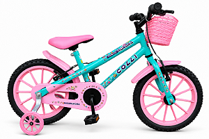 BICICLETA ARO (16) FEMININA COLLI AURORA SEM MARCHA FREIO V-BRAKE COM CESTA COR VERDE ACQUA/ROSA