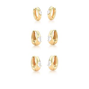 Kit Três Pares de Argolas Oval e Cristal Banhado a Ouro