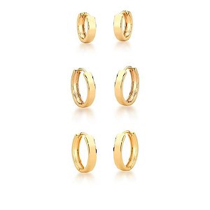 Kit Três Pares de Argolas Lisas Banhado a Ouro