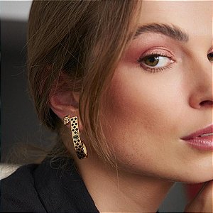 Meia Argola Esmaltada Preto e Zircônia Esmeralda Banhado a Ouro