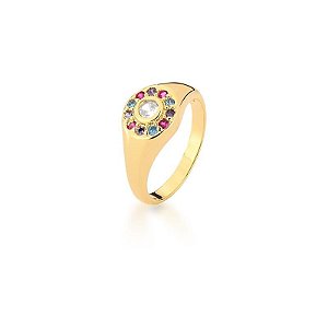 Anel Flor com Zircônias Coloridas Banhada a Ouro