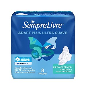 Absorvente Sempre Livre Adapt Plus Suave Com Abas Com 8 Unidades - Embalagem 12X8 UN - Preço Unitário R$6,48