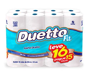 Papel Higienico Duetto Fit Branco Folha Dupla 16X30M Leve 16 Pague 15 - Embalagem 4X16X30 MTS - Preço Unitário R$25,9