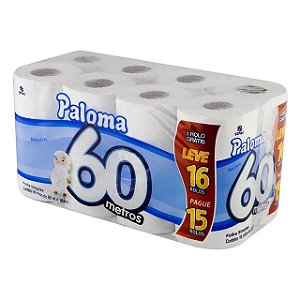 Papel Higienico Economico Paloma Folha Simples 16X60M Neutro Leve 16 Pague 15 - Embalagem 4X16X60 MTS - Preço Unitário R$22,52