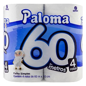 Papel Higienico Economico Paloma Folha Simples 4X60M Neutro Branco - Embalagem 16X4X60 MTS - Preço Unitário R$5,11