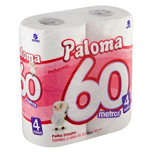 Papel Higienico Economico Paloma Folha Simples 4X60M Perfumado Branco - Embalagem 16X4X60 MTS - Preço Unitário R$5,56