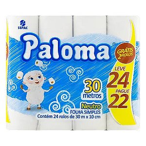 Papel Higienico Paloma Folha Simples 24X30M Neutro Leve 24 Pague 22 - Embalagem 4X24X30 MTS - Preço Unitário R$18,15
