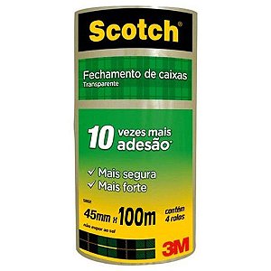 Fita Adesiva Scotch 45mmx45m Transparente Larga - Embalagem 4X1 UN - Preço Unitário R$5,12