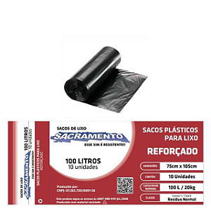 Saco de Lixo Reforcado Rolo Sacramento Preto 100 Litros - Embalagem 10X10 UN - Preço Unitário R$8,25