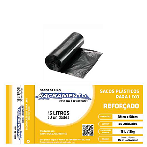 Saco de Lixo Reforcado Rolo Sacramento Preto 15 Litros - Embalagem 10X50 UN - Preço Unitário R$7,85