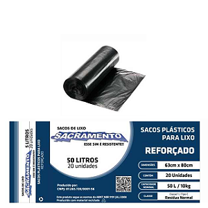 Saco de Lixo Reforcado Rolo Sacramento Preto 50 Litros - Embalagem 10X20 UN - Preço Unitário R$8,05