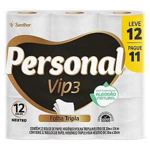 Papel Higienico Personal Vip Folha Tripla 12x20m Neutro Promocional - Embalagem 6X12X20 MTS - Preço Unitário R$18,71