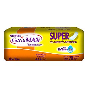 Absorvente Geriamax Super Pos Parto Pos Operatorio Incontinencia Moderada Aloe Vera - Embalagem 6X20 UN - Preço Unitário R$15,56