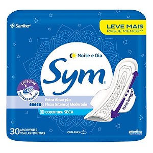 Absorvente Sym Noturno Com Abas Cobertura Seca Com 30 Unidades - Embalagem 1X30 UN