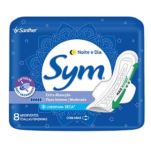 Absorvente Sym Noturno Com Abas Cobertura Seca Com 8 Unidades - Embalagem 12X8 UN - Preço Unitário R$5,01
