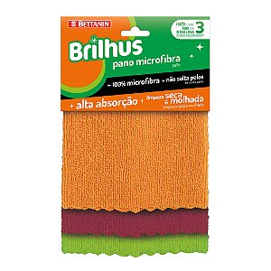 Pano Flanela Multiuso Microfibra Brilhus Alta Absorcao 30X30Cm Com 3 Unidades - Embalagem 1X3 UN