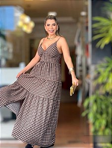 VESTIDO XADREZ caramelo/preto LONGO- ML24