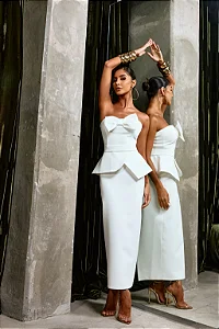 Vestido Midi Alfaiataria Top Peplum Com laço