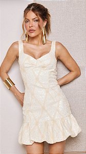 Vestido Curto Off White com Textura e Babados