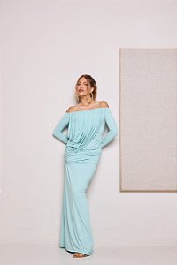 Vestido Longo Azul com Ombro a Ombro