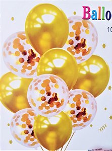 Kit 10 Balões exigas dourado e transparente decoração festa