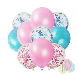 Kit 10 Balões bexigas Rosa e Azul e transparente decoração