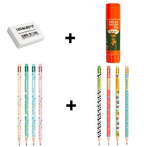 Kit Escolar completo 8 Lapis decorados Cola Bastão Borracha