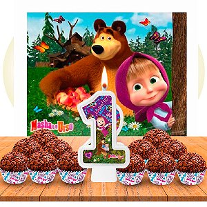 Kit festa Masha e o Urso Painel GIGANTE+ Forminhas + Vela N1