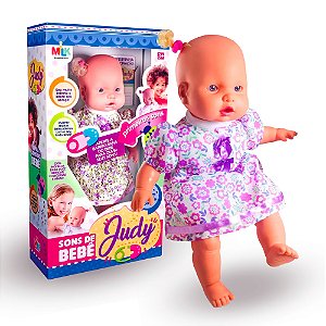 Boneca Judy Faz Sons de Bebe fofinha e cheirosa + acessórios