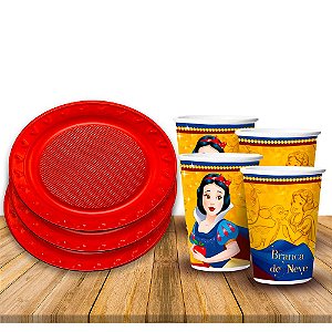 Kit Festa Branca de Neve Decoração 12 Copos + 10 Pratos 18cm