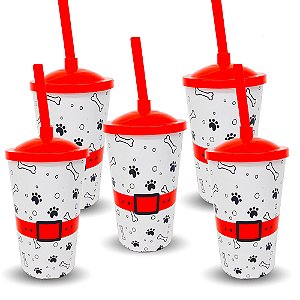 5 Copos Plástico Tampa e Canudo Decoração Patrulha festa