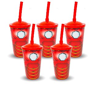 5 Copos Plástico Tampa e Canudo Decoração Ferro festa aniver