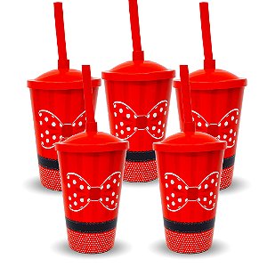 5 Copos Plástico Tampa e Canudo Decoração Laço Minnie festa