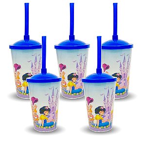 5 Copos Plástico Tampa Canudo Decoração Branca de Neve festa