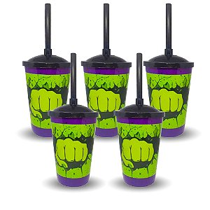 5 Copos Plástico Tampa e Canudo Decoração Vingador Esmaga