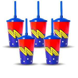 5 Copos Plástico Tampa e Canudo Decoração Maravilha Festa